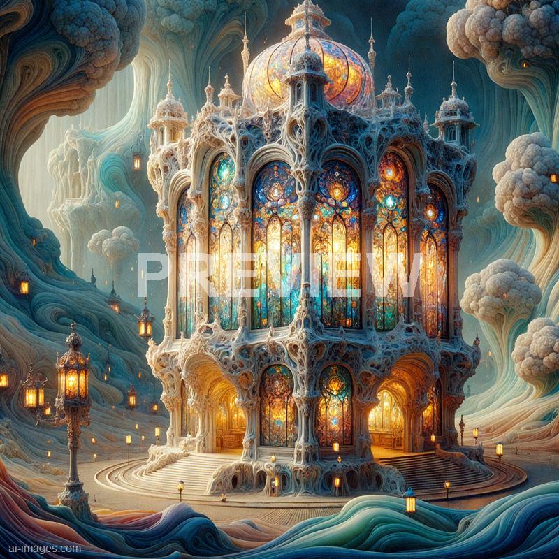 The image depicts an elaborate, fantastical castle with intricate, organic architectural details resembling lace or coral, set within a surreal, dreamlike environment. The castle is illuminated with warm, glowing lights from within, contrasting with the cooler tones of the surrounding swirling, cloud-like structures and sky filled with floating lanterns and fluffy clouds. The overall scene exudes an ethereal, magical atmosphere, with vibrant stained glass windows casting colorful reflections and a sense of wonder.